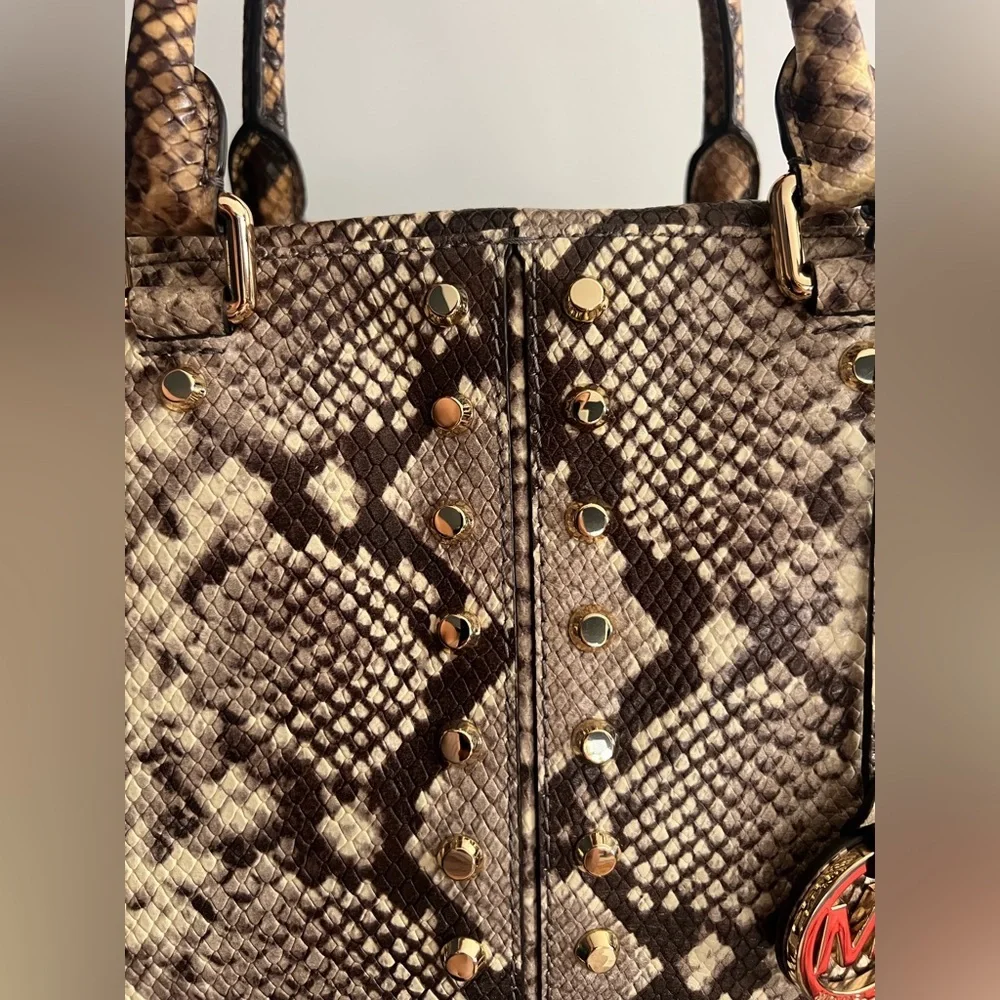Michael Kors Astor Studded Snake-Embossed Leather Satchel handbag